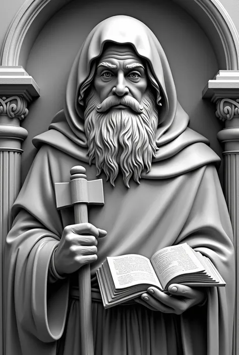 I want you to make Saint Jude Thaddeus, apostle of the basilica of the sanctuary of Antioch with an axe and a bible in grayscale bmp format for CNC machine Roter Artcam to design in wood