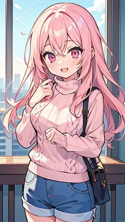 ((A pretty girl with light pink hair and pink eyes)), ((Wearing a knit sweater and hot pants)), baby face, ((masterpiece, Top quality, Ultra high definition, High resolution)), anime girl, ((Very detailed illustrations:1.2)), Just one person, bangs, Hair b...