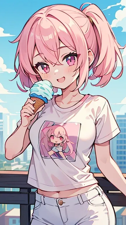 ((A pretty girl with light pink hair and pink eyes)), ((Wearing a white t-shirt and hot pants)),  baby face, ((masterpiece, Top quality, Ultra high definition, High resolution)), anime girl, ((Very detailed illustrations:1.2)), Just one person, bangs, Hair...