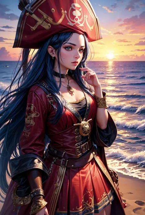 beautiful detailed face, beautiful detailed eyes, beautiful detailed lips, 1girl, pirate girl, blue hair, red and black pirate clothes, pirate hat, , treasure island, ocean waves, sunset sky, dramatic lighting, cinematic, epic, fantasy, highly detailed, in...