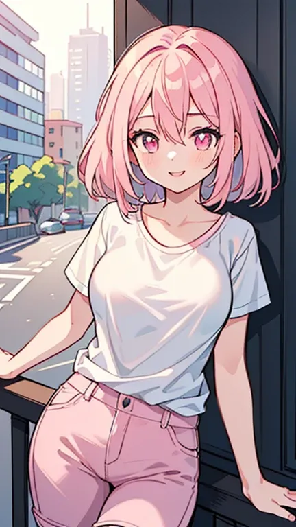 ((A pretty girl with light pink hair and pink eyes)), ((Wearing a white t-shirt and hot pants)),  baby face, ((masterpiece, Top quality, Ultra high definition, High resolution)), anime girl, ((Very detailed illustrations:1.2)), Just one person, bangs, Hair...