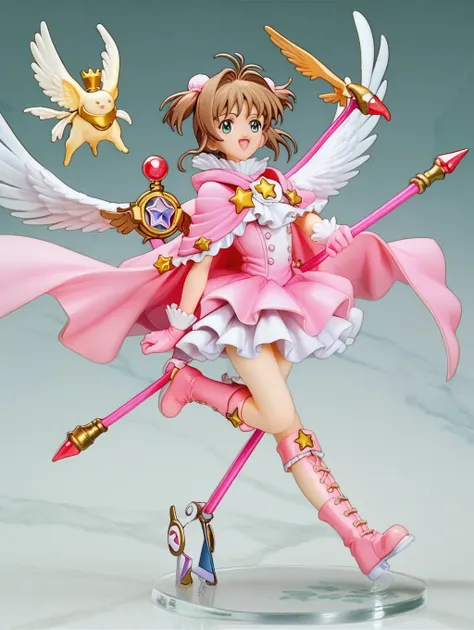 cardcaptor sakura,pink cape,white ruffled blouse,pink dress,a staff decorated with a star on the top and feathers,white folded s...