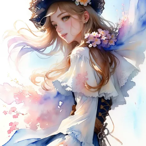 8k,masterpiece,top-quality, From below , Cowboy Shot ,Dynamic pose,One Girl, Portrait, Floral, Watercolor sketch, Light, Long Hair, Reach out,happy, Watercolor (Medium),Watercolor