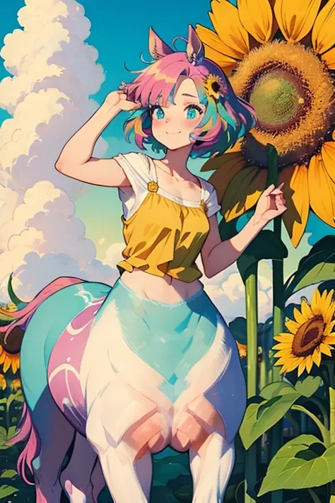 {masterpiece}, Best Quality, Very short，，Rainbow Hair, Vivid and colorful background, Whimsical and lively characters, Centaur，Fairies and magical creatures, Sunflower，Brightly colored flowers and other natural elements, A fun and playful atmosphere or the...