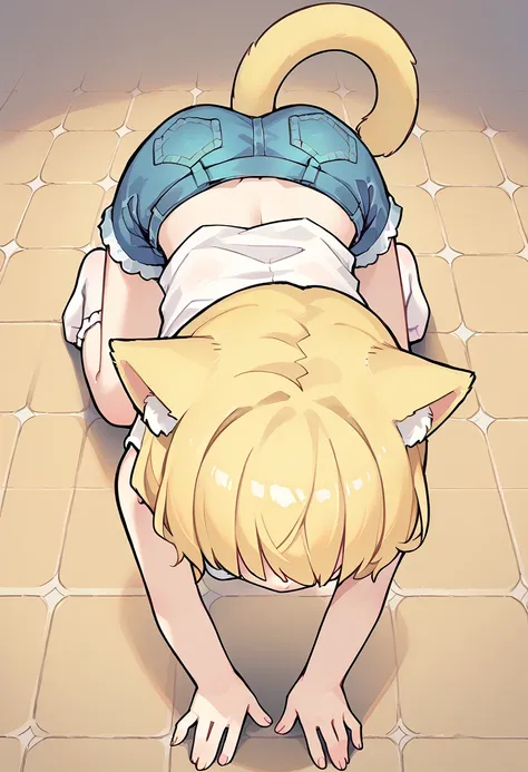 1girl, long yellow hair, yellow cat ears, hair covering eyes, white tank top, denim shorts, white frilly socks, no shoes, crawli...