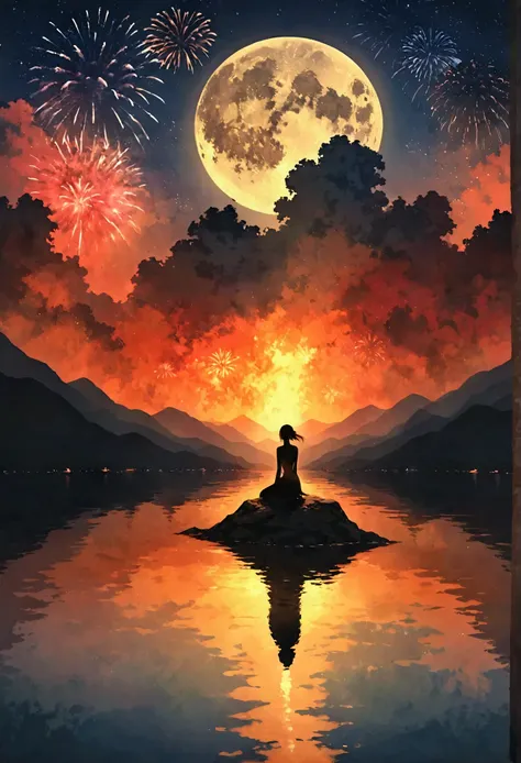 imagine an abstract scene bathed in the serene glow of a full moon, where fireworks act as a crescendo in the symphony of night....