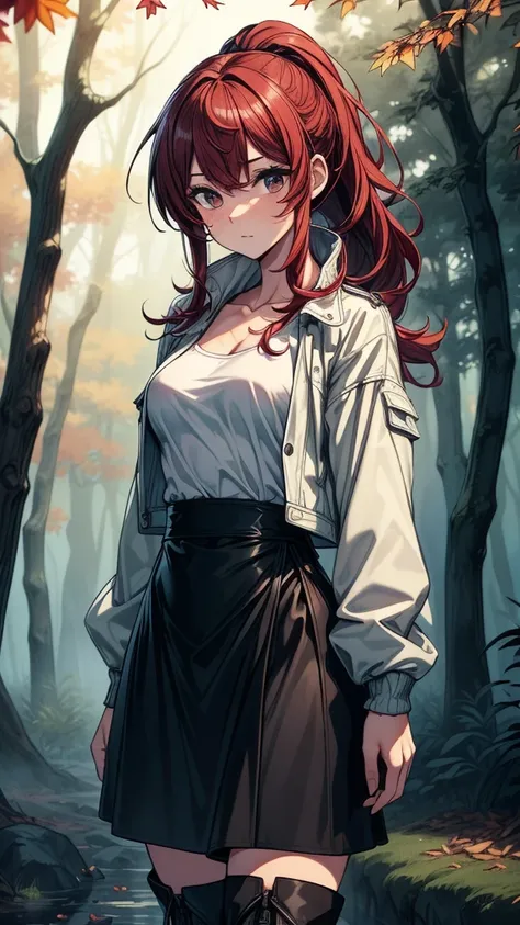 ((((masterpiece, best quality:1.3, high detail)))), beautiful woman, long wavy hair, (dark red hair), low ponytail, (small breasts), (white blouse), (long black skirt), jacket, long skirt:1.2, collarbone, (fog), autumn forest, leaves, trees, stone, ((lower...