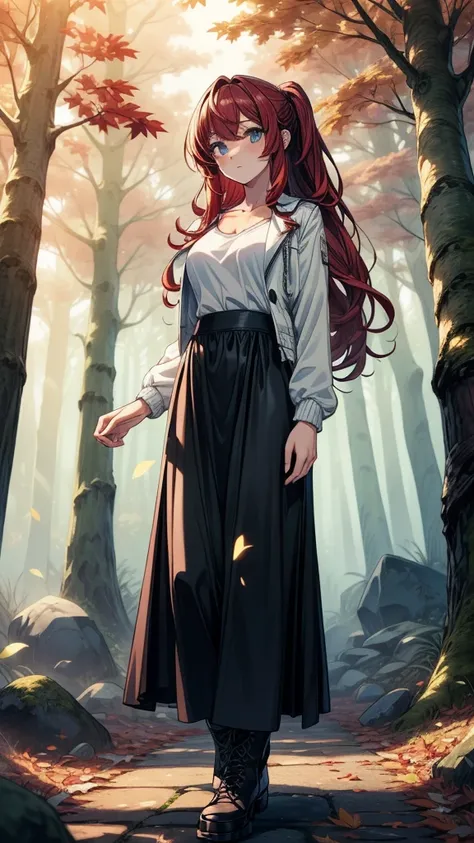 ((((masterpiece, best quality:1.3, high detail)))), beautiful woman, long wavy hair, (dark red hair), low ponytail, (small breasts), (white blouse), (long black skirt), jacket, long skirt:1.2, collarbone, (fog), autumn forest, leaves, trees, stone, ((lower...