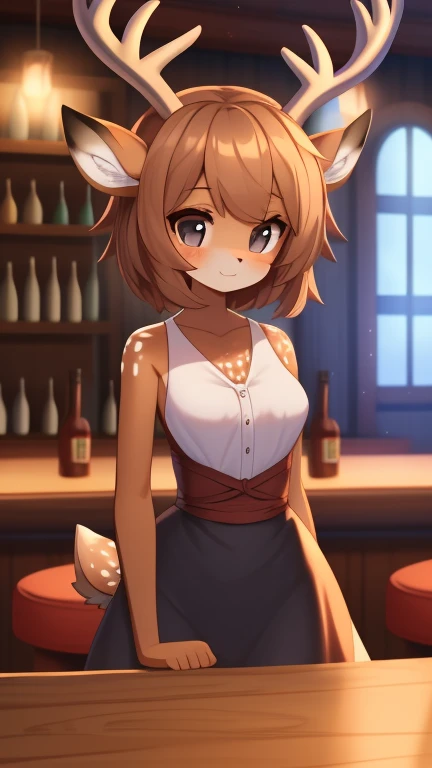 Best quality, super detailed illustration, warm colors, perfect lighting, more details (cute deer girl: 1.4), female face and body, thick and disheveled hair, bartender clothes, sleepy vision, dark circles under the eyes, tiny breasts, thin waist, wide hip...