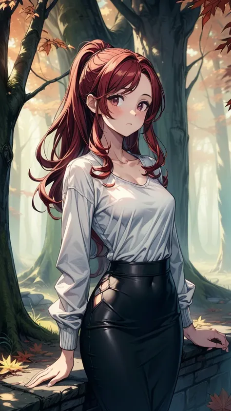 ((((masterpiece, best quality:1.3, high detail)))), beautiful woman, long wavy hair, (dark red hair), low ponytail, (small breasts), (white blouse), (black midi pencil (skirt)), jacket, long skirt:1.2, collarbone, (fog), autumn forest, leaves, trees, stone...