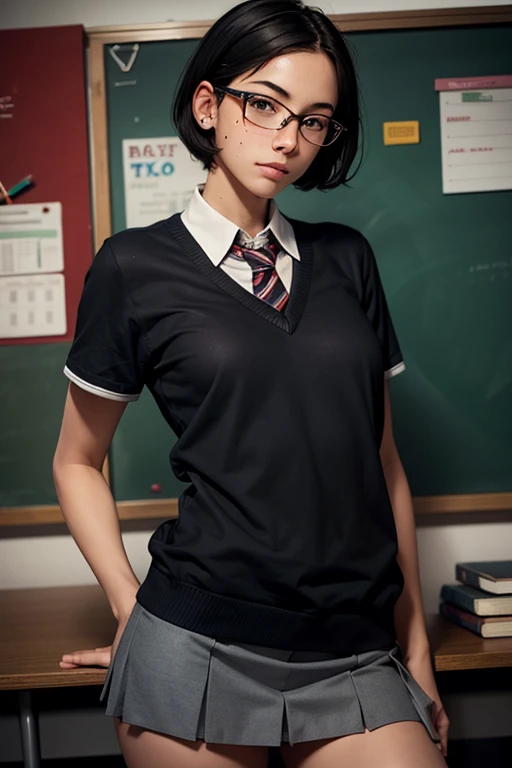 highest quality,realistic,american,teen,cute,model-like body,slender,nerd,glasses,mole,school girl,student,black hair,short hair