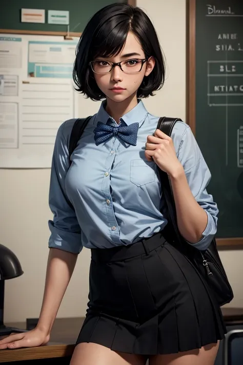 highest quality,realistic,american,teen,cute,model-like body,slender,nerd,glasses,mole,school girl,student,black hair,short hair