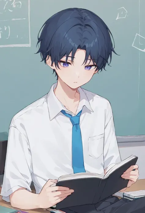 male,  xiejin, white shirt, blue tie, perfect face、whole body、high school student、reading