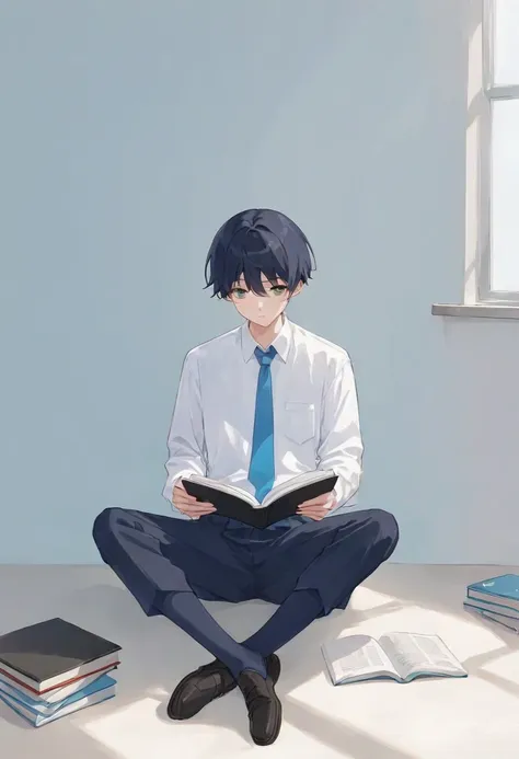 male,  xiejin, white shirt, blue tie, perfect face、whole body、high school student、reading