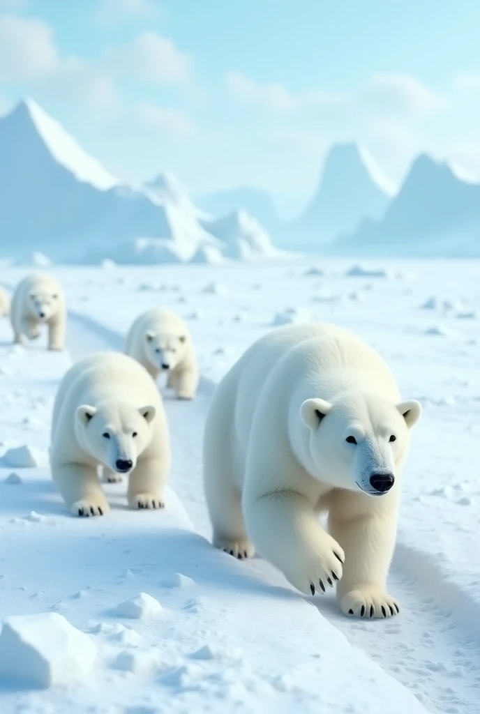 Create several bears at the North Pole walking on the snow