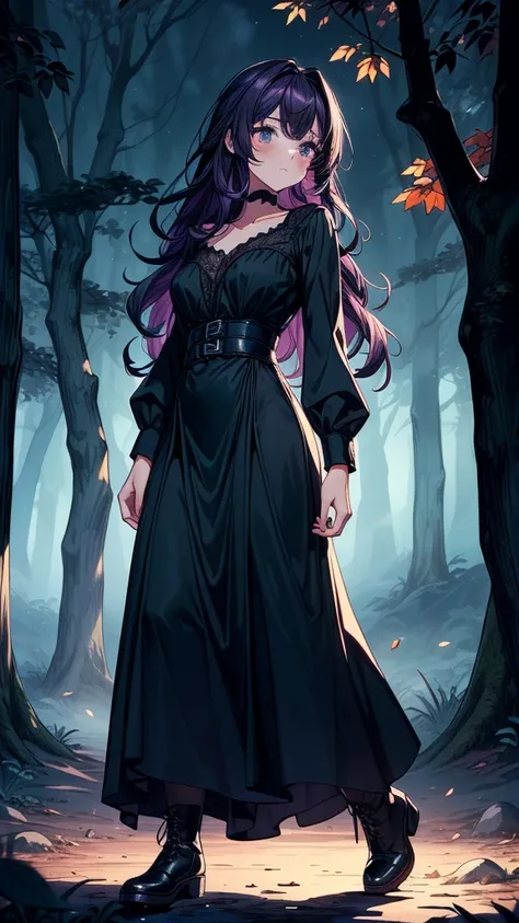 ((((masterpiece, best quality:1.3, high detail)))), beautiful woman, long wavy hair, (dark purple hair), (black blouse), (long black skirt), long black skirt:1.2, collarbone, (fog), (night sky), (atmospheric), (shade), autumn forest, leaves, trees, stone, ...