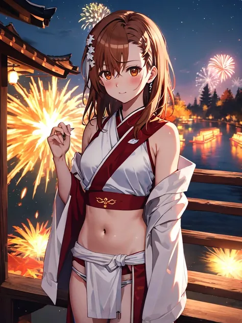 firework, Autumn Festival, Dharma, White loincloth, portable shrine, hairpin, (Misaka Mikoto), UHD, retina, masterpiece,accurate anatomy, textured skin, super detailed, high quality, best quality, highres, 8k