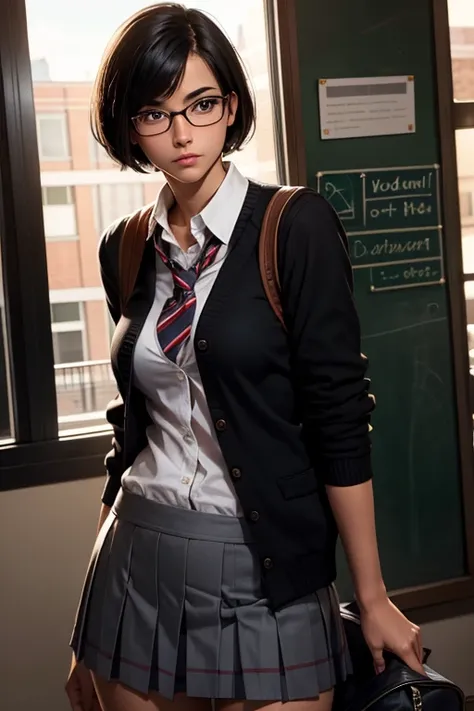 highest quality,realistic,american,teen,cute,model-like body,slender,nerd,glasses,mole,school girl,student,black hair,short hair...