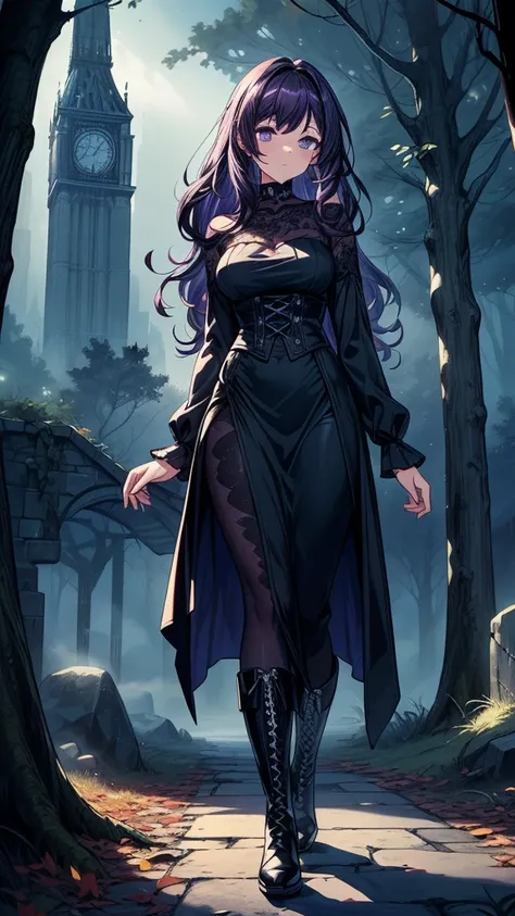 ((((masterpiece, best quality:1.3, high detail)))), beautiful woman, long wavy hair, (dark purple hair), (black blouse), (long black skirt), long black skirt:1.2, collarbone, (fog), (night sky), (atmospheric), ((shade)), autumn forest, leaves, trees, stone...