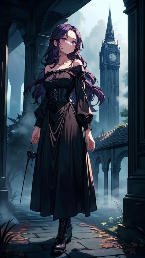 ((((masterpiece, best quality:1.3, high detail)))), beautiful woman, long wavy hair, (dark purple hair), (black blouse), (long black skirt), long black skirt:1.2, collarbone, (fog), (night sky), (atmospheric), ((shade)), autumn forest, leaves, trees, stone...