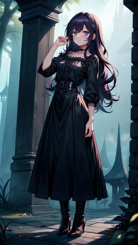 ((((masterpiece, best quality:1.3, high detail)))), beautiful woman looking to side, long wavy hair, (dark purple hair), hairpin, (black blouse), ((long black skirt)), long black skirt:1.2, collarbone, (fog), (night sky), (atmospheric), ((shade)), autumn f...