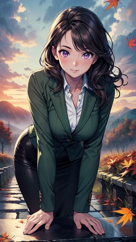 ((((masterpiece, best quality:1.8, high detail)))), (1girl), beautiful woman posing, bright (purple eyes), large breasts, confident, wide-eyed, smile, solo focus, long (wavy hair), (dark brown hair), (hairpin), ((green blazer)), tie, (black midi pencil ((s...