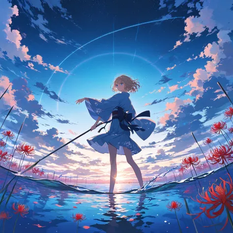 One woman,Woman stands on the water,Red spider lilies floating on the water,Blue spider lily,Neon Colors,While turning around,Dance,With a spear,pastel,smile,happiness,blue eyes,Beige Hair,Short Hair,Wearing a kimono with the night sky as the background,St...