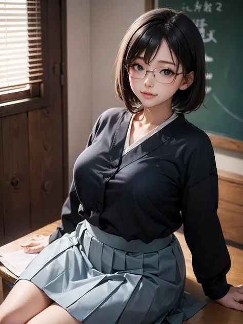 Japanese women, , (Black short bob hair), Plump body, Black Eyes,(Wear rimless glasses) Japanese school girl uniform, (he&#39;Wearing a white shirt, Showing off her bra), Huge breasts, Light grey pleated skirt, Sit on a chair, Seductive pose, Full Body Sho...