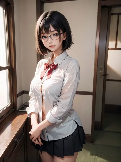 Japanese women, , (Black short bob hair), Plump body, Black Eyes,(Wear rimless glasses) Japanese school girl uniform, (he&#39;Wearing a white shirt, Showing off her bra), Huge breasts, Light grey pleated skirt, Sit on a chair, Seductive pose, Full Body Sho...