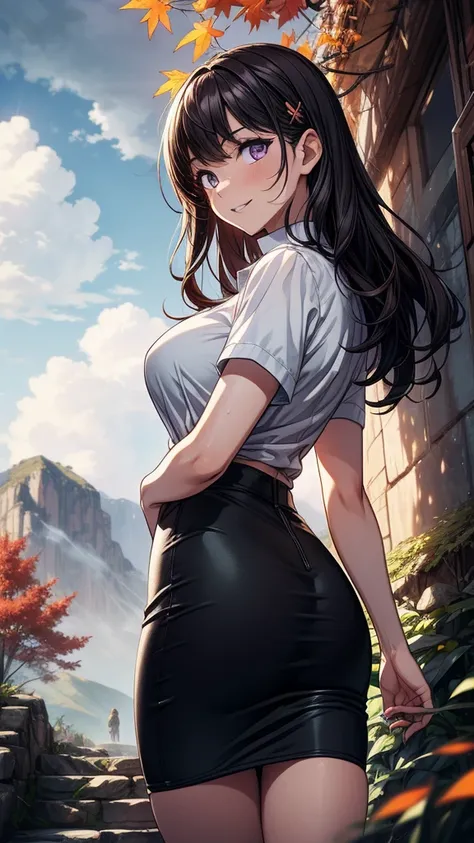 ((((masterpiece, best quality:1.8, high detail)))), (1girl), beautiful woman posing, bright (purple eyes), large breasts, confident, wide-eyed, smile, solo focus, long (wavy hair), (dark brown hair), (hairpin), ((white collar shirt sleeves rolled)), tie, (...