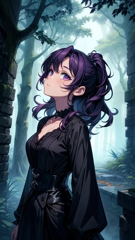 ((((masterpiece, best quality:1.3, high detail)))), beautiful woman looking up, long wavy hair, (dark purple hair), hairpin, (black blouse), ((long black skirt)), long black skirt:1.2, collarbone, (fog), (night sky), (atmospheric), ((shade)), autumn forest...