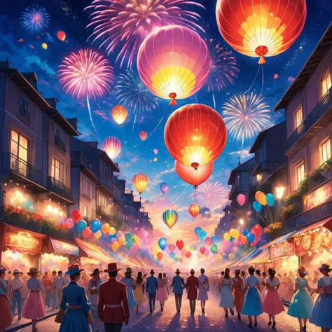 (((Iridescent fireworks sparkling in a starry night, Fireworks of celebration))). People in costume. The drowsy pink light is perfect for revelry. Pieces of the rainbow overflow the streets. One for you, one for me.

Look!! The parade is coming. Look!! The...