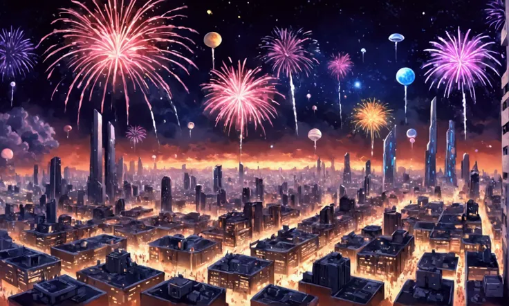 sci fi city, some alien architecture, populated by (humans, very inhuman robots, and a few aliens), the populace fill the streets and rooftops as the night sky is filled with fireworks