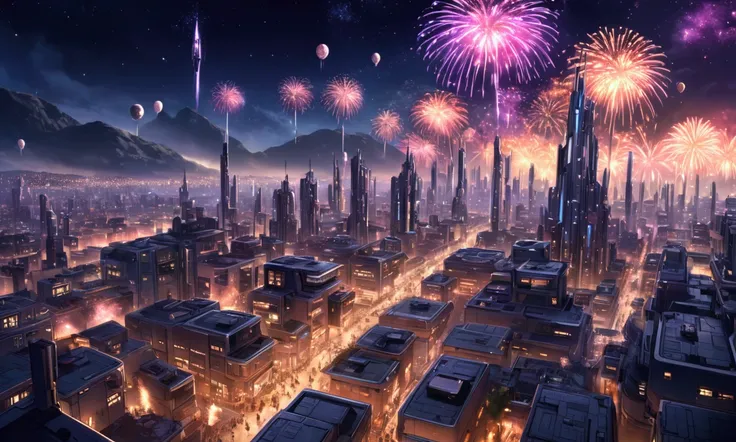 sci fi city, some alien architecture, populated by (humans, very inhuman robots, and a few aliens), the populace fill the streets and rooftops as the night sky is filled with fireworks