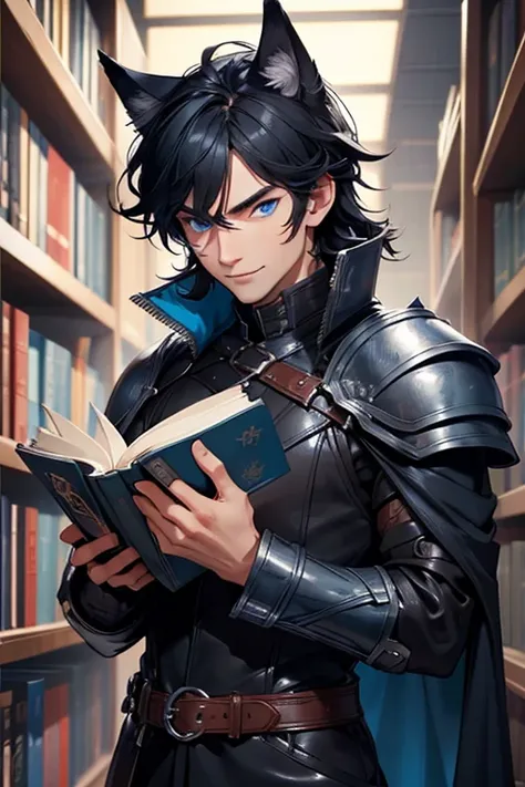 Perfect face. Perfect hands. A black haired man with blue eyes and a navy wolf ears and wolf tail in Gothic leather armor is smiling while picking out books in the library.