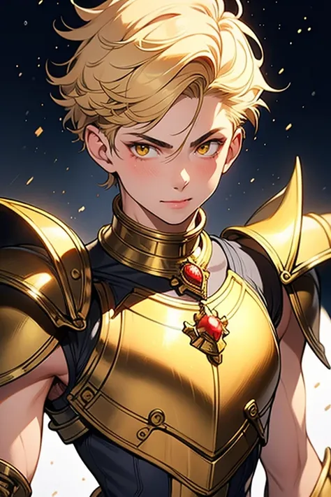 ((Best Quality)), ((masterpiece)), ((upper body)),(detailed),One Boy,18 years old,Warrior,armor,Yellow Hair,Short Hair,Standing posture,Looking at the camera,(Front view),(white background)