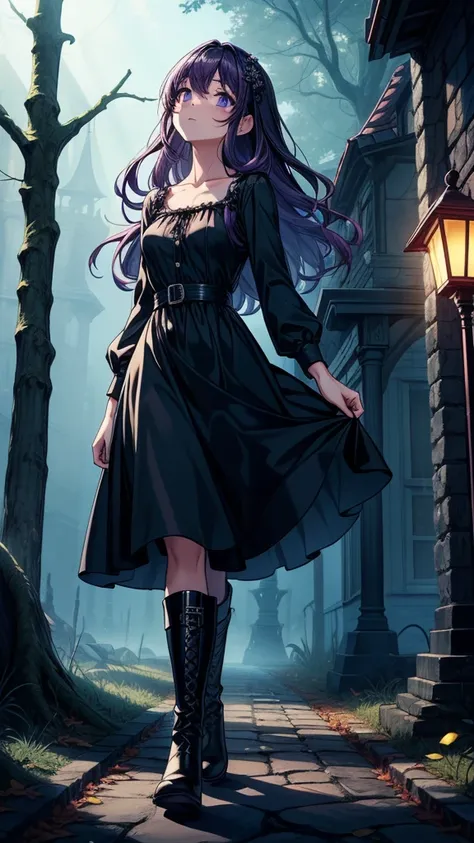 ((((masterpiece, best quality:1.3, high detail)))), beautiful woman looking up, long wavy hair, (dark purple hair), hairpin, (black blouse), ((long black skirt)), long black skirt:1.2, collarbone, (fog), (night sky), (atmospheric), ((shade)), autumn forest...