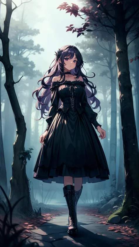 ((((masterpiece, best quality:1.3, high detail)))), beautiful woman, long wavy hair, (dark purple hair), hairpin, (black blouse), ((long black skirt)), long black skirt:1.2, collarbone, (fog), (night sky), (atmospheric), ((shade)), autumn forest, leaves, t...