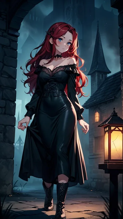 ((((masterpiece, best quality:1.3, high detail)))), beautiful woman, long wavy hair, (dark red hair), hairpin, (black blouse), ((long black skirt)), long black skirt:1.2, pencil skirt, collarbone, (fog), (night sky), (atmospheric), ((shade)), stone, gothic...