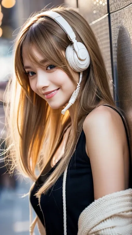 "(masterpiece:1.2),High resolution,Ultra-detailed,Portrait,1 girl,Contemporary,Close up profile photo,Blonde beige long hair,Brown eyes,Beautiful detailed eyes,Bend,headphone,8k,Trending on Art Station,Featured on pixiv"fun、Japanese women、Medium Hair、smile...