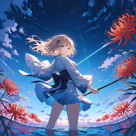 One woman,Woman stands on the water,Red spider lilies floating on the water,Blue spider lily,Neon Colors,While turning around,Dance,With a spear,pastel,smile,happiness,blue eyes,Beige Hair,Short Hair,Wearing a kimono with the night sky as the background,St...