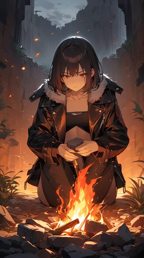 One Girl、Serious expression、Short bob hair、Small breasts、Leather jacket、Sit close to the fire、Strong gaze、Warming hands BREAK Remains of a bonfire、(Dynamic Light):1.4、Bright flame、Sharp Shadow、Glowing Embers、Rising Sparks、Red-orange tones、Dramatic light、St...