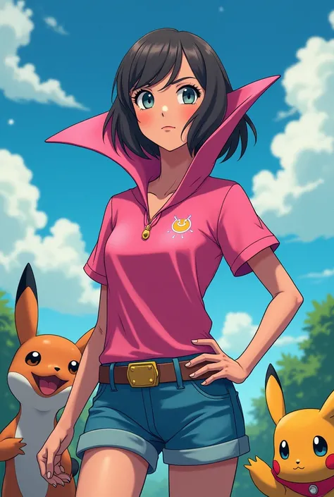 Anime Pokemon Trainer Princess, Zelda wearing a Pink Polo with a Massive Popped Collar Polo with a collar so high its taller than her head