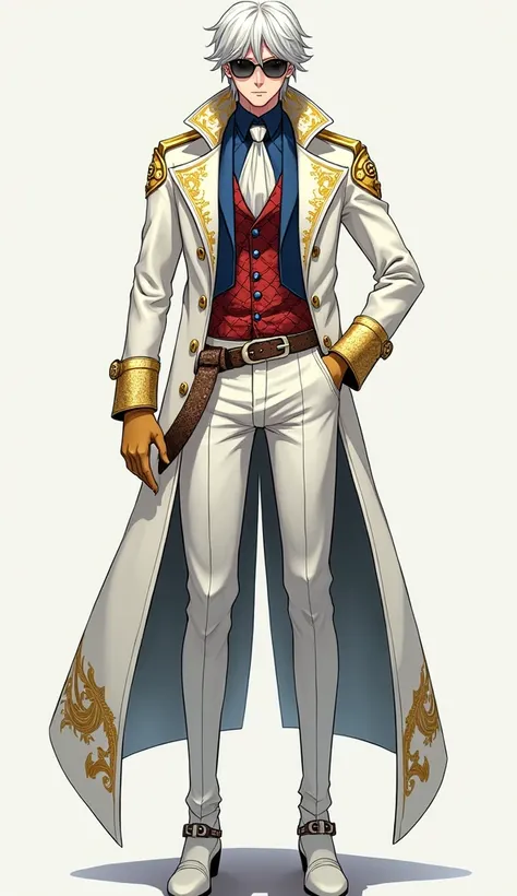 Anime guy with pale skin, sunglasses, and white short hair, stoic expression on his face, a long, golden buttoned white coat with three separated coattails. A golden, draconic pattern runs around the collar. A gold lining runs across the edges of the coat,...