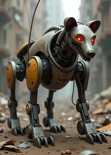 post-apocalypse, robot dog for collecting metal on 4 legs