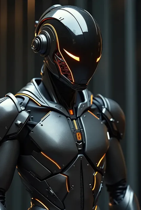 An ultrarealistic photograph of a futuristic full body power suit, made of black mate metal and polymer, full crystal hull, for a man, visible wires, imposing, modern minimalism, elegant, dystopia, mysterious, godlike, scary, in a dark room, 8k