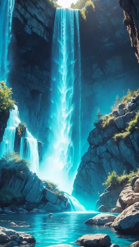 
The Shining Aquarius Falls are a sight to behold, Where **water carrier**, surrounded by soft neon accents, holds a bright vase in his hands. From it, glowing blue and turquoise waters flow into a glowing pool., leaving sparkling traces of light. This sce...