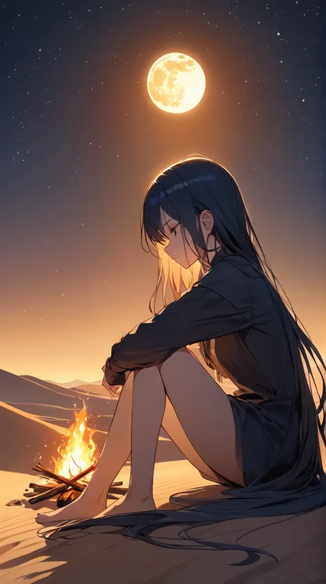 One Girl、A pensive expression、Long flowing hair、Small breasts、Slender fingers warmed by the fire、A simple tunic、Sitting cross-legged、Pensive BREAK Bonfire、(Soft Light):1.2、Crackling flames、Warm Light、Rising Smoke、Cold night air、Swaying Shadows、Quiet atmosp...