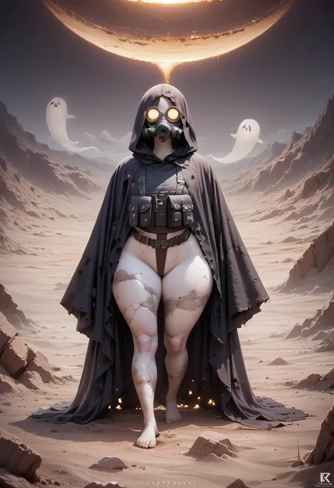 A woman, smooth skin, white skin, big eyes, small torso, huge ass, Wide hips, fleshy legs, thick thighs , (The best quality), masterpiece, horror, ghost, tall, lost look, depressed, (She is wearing an old leather cloak that covers her entire body along wit...