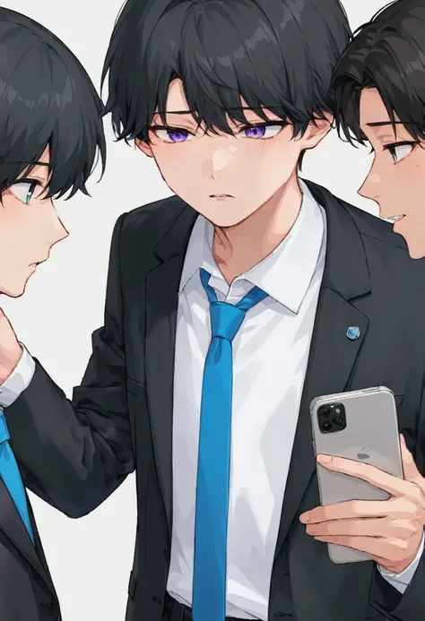 20 year old male, 2 men、suit, Black Jacket, White shirt, Blue tie, Perfect Face、Capture the whole picture、Call on smartphone、Highest quality、Crisp illustrations、Junior being scolded by senior